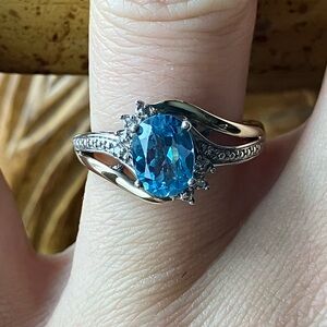 Swiss Blue Topaz White Diamond 10k Sterling Silver Ring Size 6.5